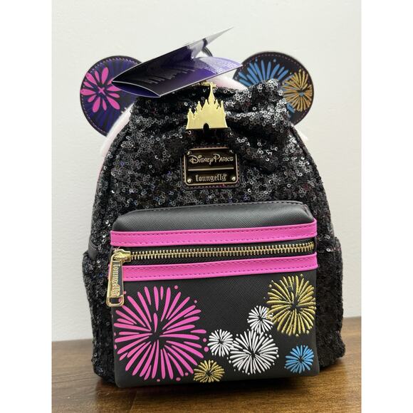 NEW Minnie Mouse Main Attraction Nighttime Fireworks Castle Loungefly Backpack - Picture 2 of 4